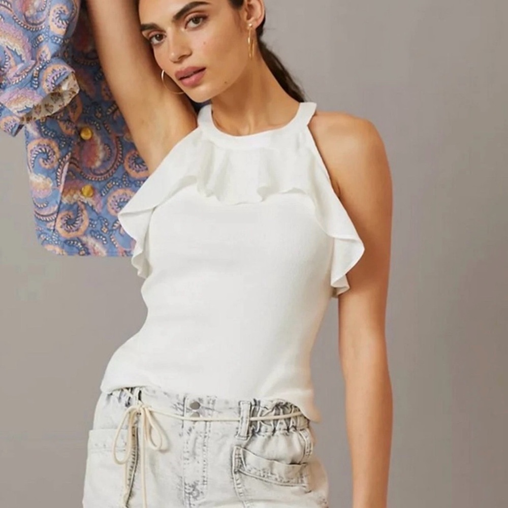 Maeve by Anthropologie Ruffled Rib Halter Tank Top